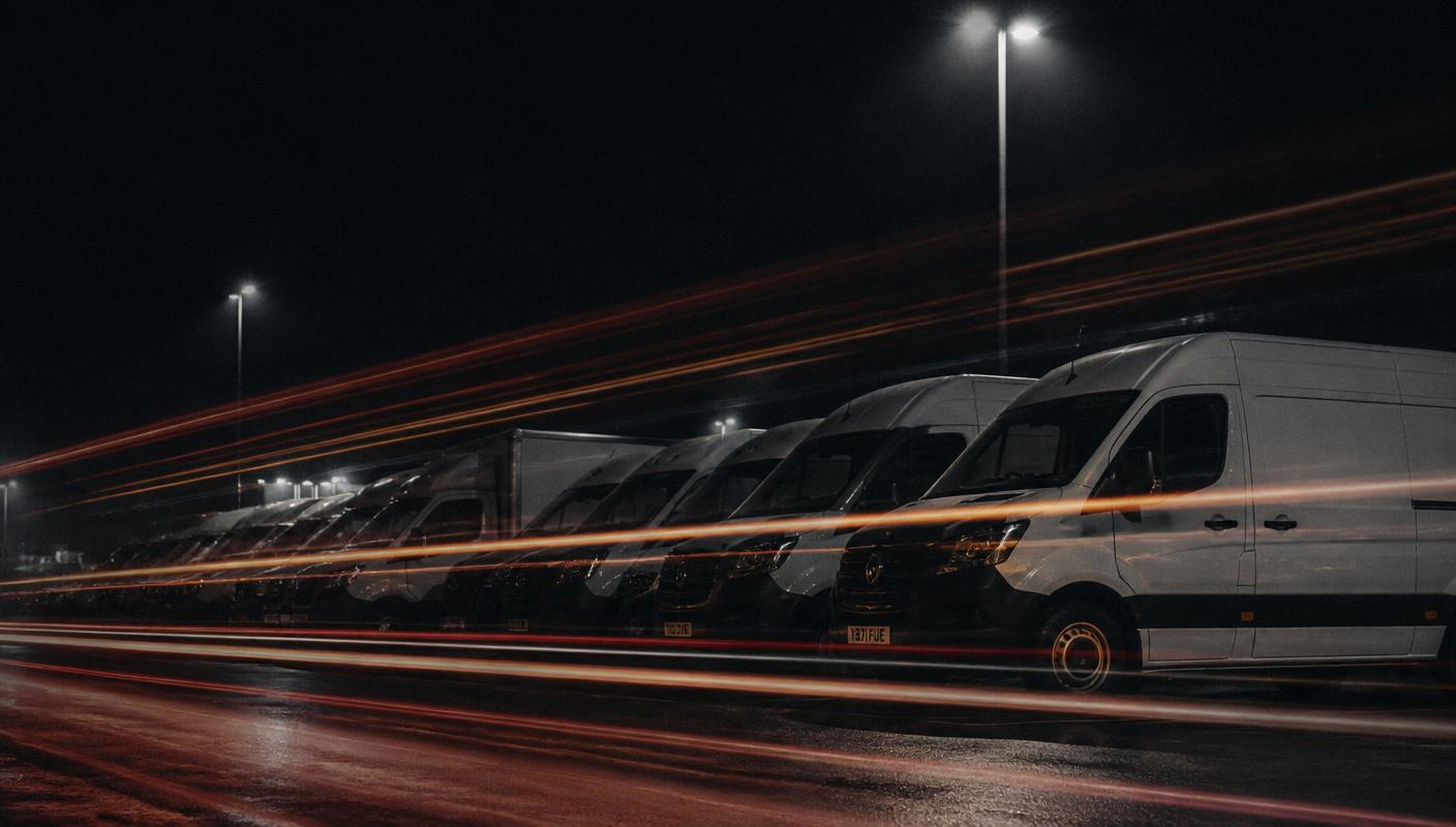 Flota de vehículos comerciales estacionada de noche con estelas de luz